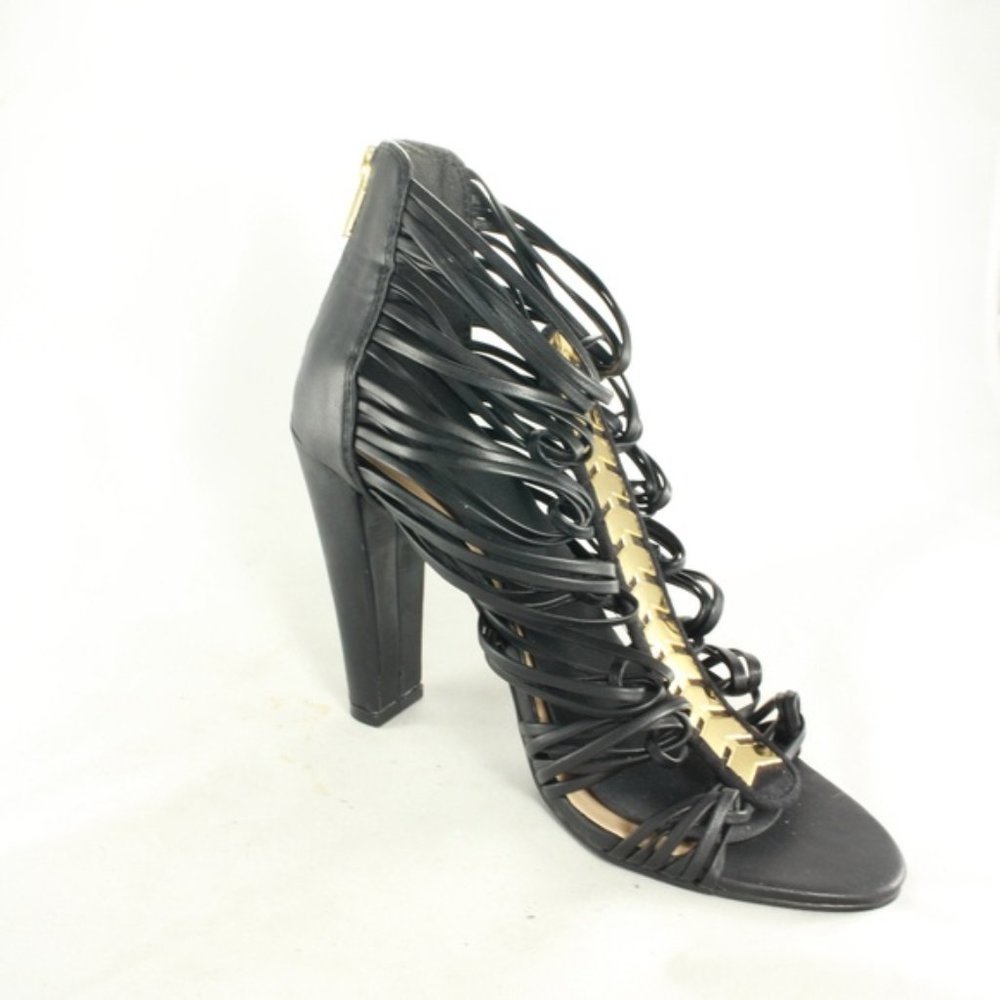 JustFab Strappy Open Toe Black Gold Sandal Heels - Picture 3 of 8